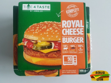 Verpackung eines Mikrowellen Cheeseburgers, die ein Bild eines Cheeseburgers beinhaltet
